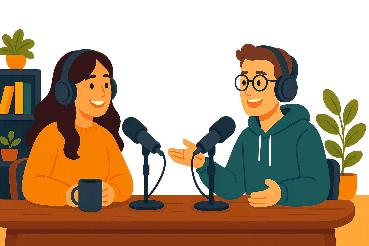 Kiora and Ethan recording the English podcast